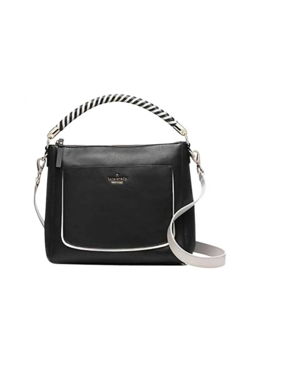 kate spade Black Leather Shoulder Bag with White Trim and Striped Handle